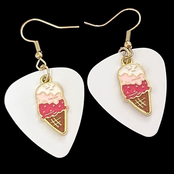 HAND Crafted Earrings Ice Cream Cones on Recycled Guitar Picks - Picture 1 of 7